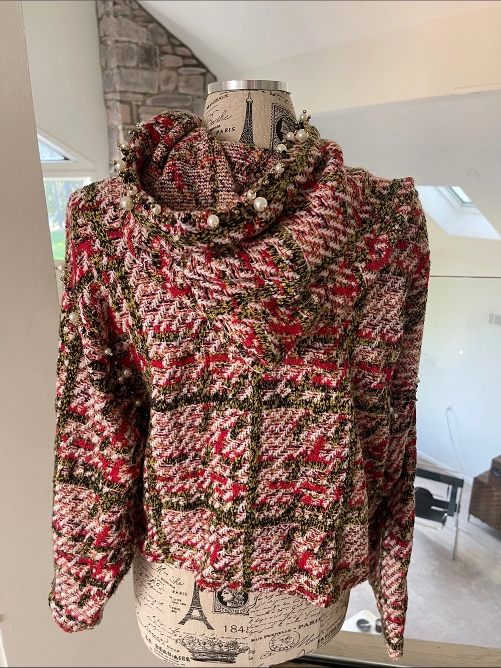 Zara Red, White & Green Tweed Pearl-Trim Hooded Jacket